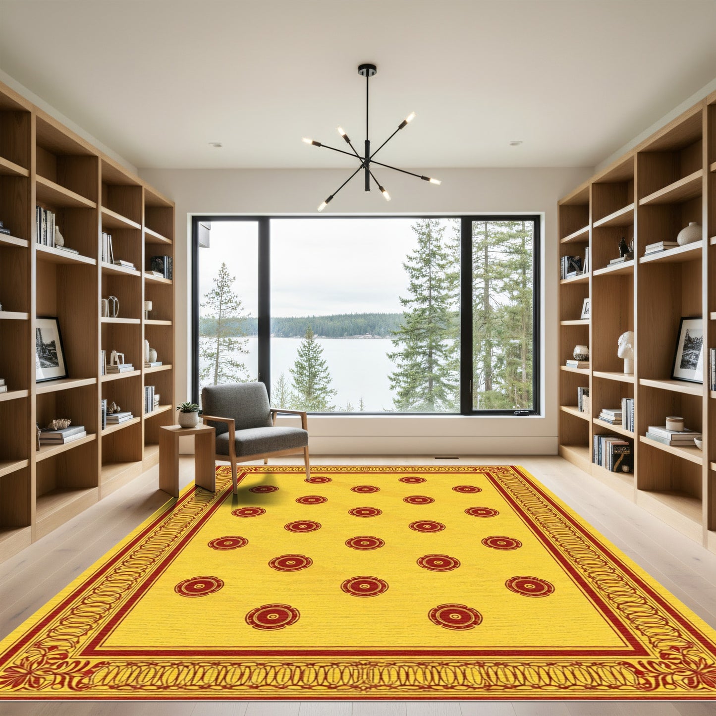 Golden Yellow Red Floral Medallion Border Rug