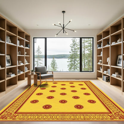 Golden Yellow Red Floral Medallion Border Rug