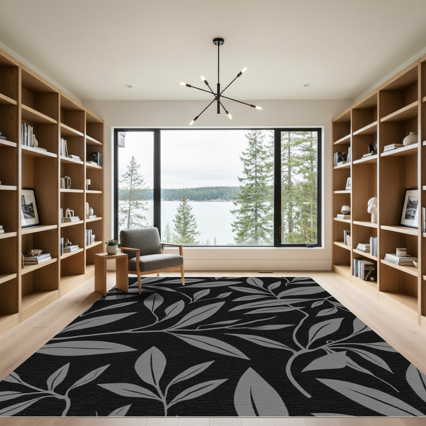 Monochromatic Gray Leafy Branch Pattern Rug