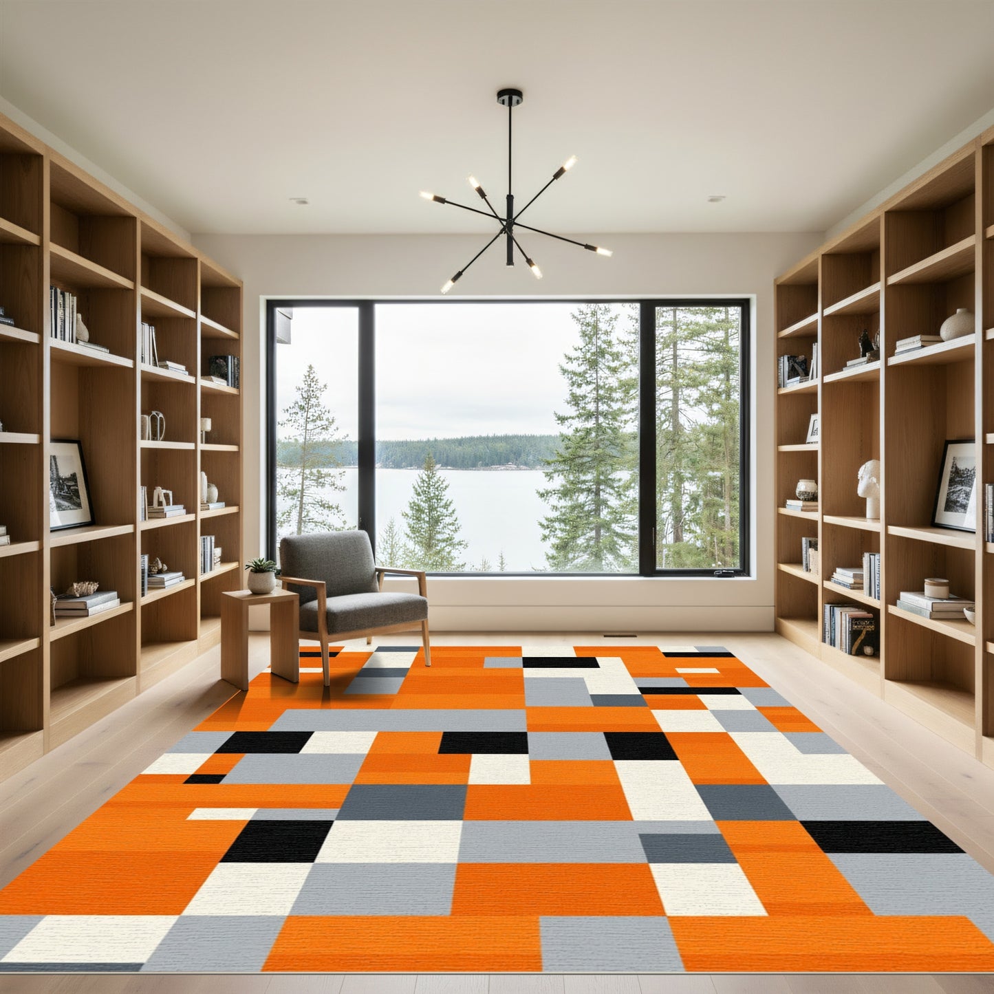 Modern Orange Black Geometric Blocks Rug