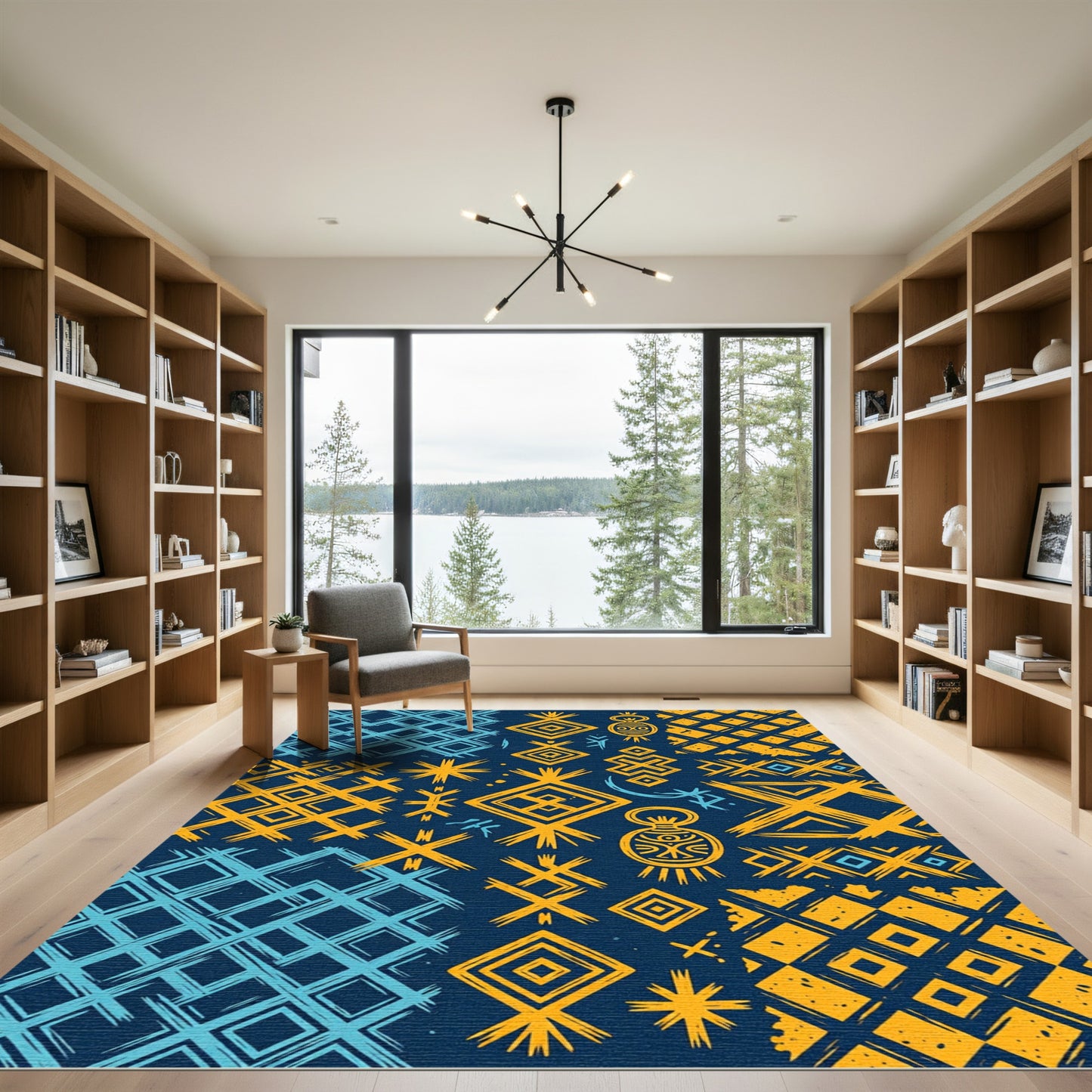Vibrant Indigo Mustard Geometric Folk Tile Rug