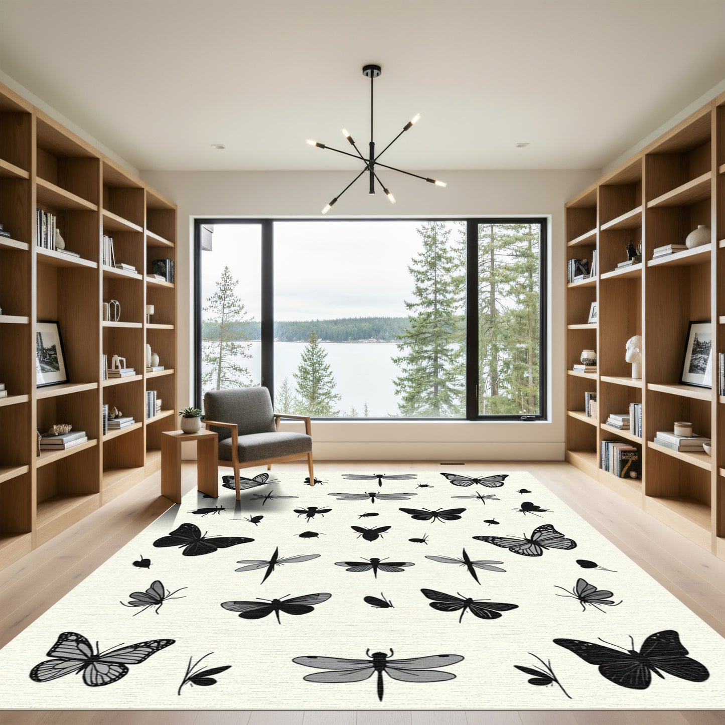 Black Gray Butterfly Dragonfly Collage Rug