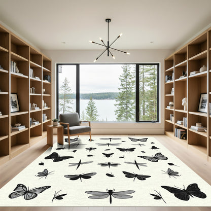 Black Gray Butterfly Dragonfly Collage Rug