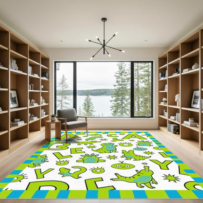 Lime Green Whimsical Creature Alphabet Rug