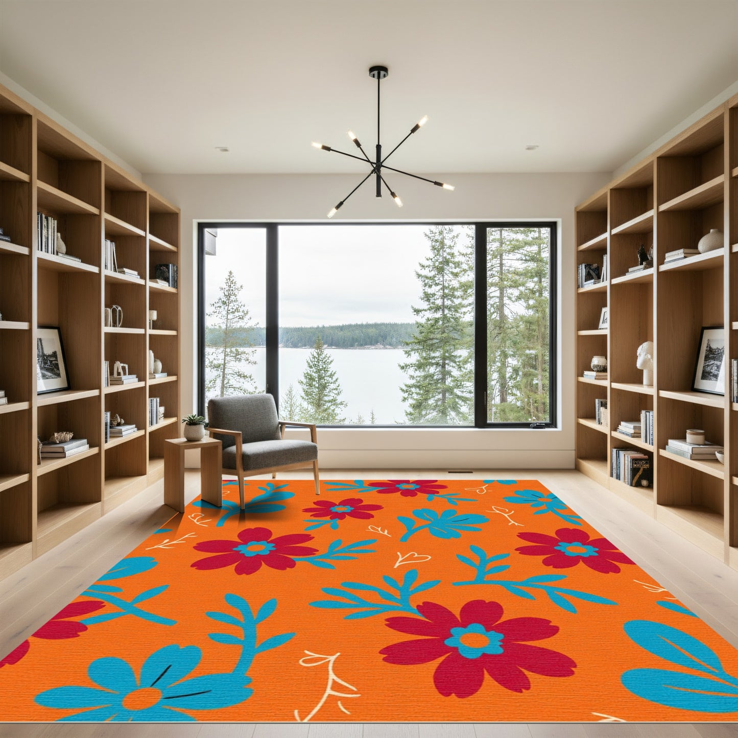 Vibrant Red Blue Floral Branches Rug
