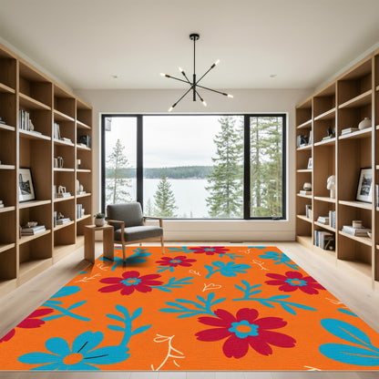 Vibrant Red Blue Floral Branches Rug