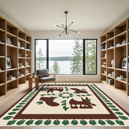 Brown Green Folk Art Animals Rug