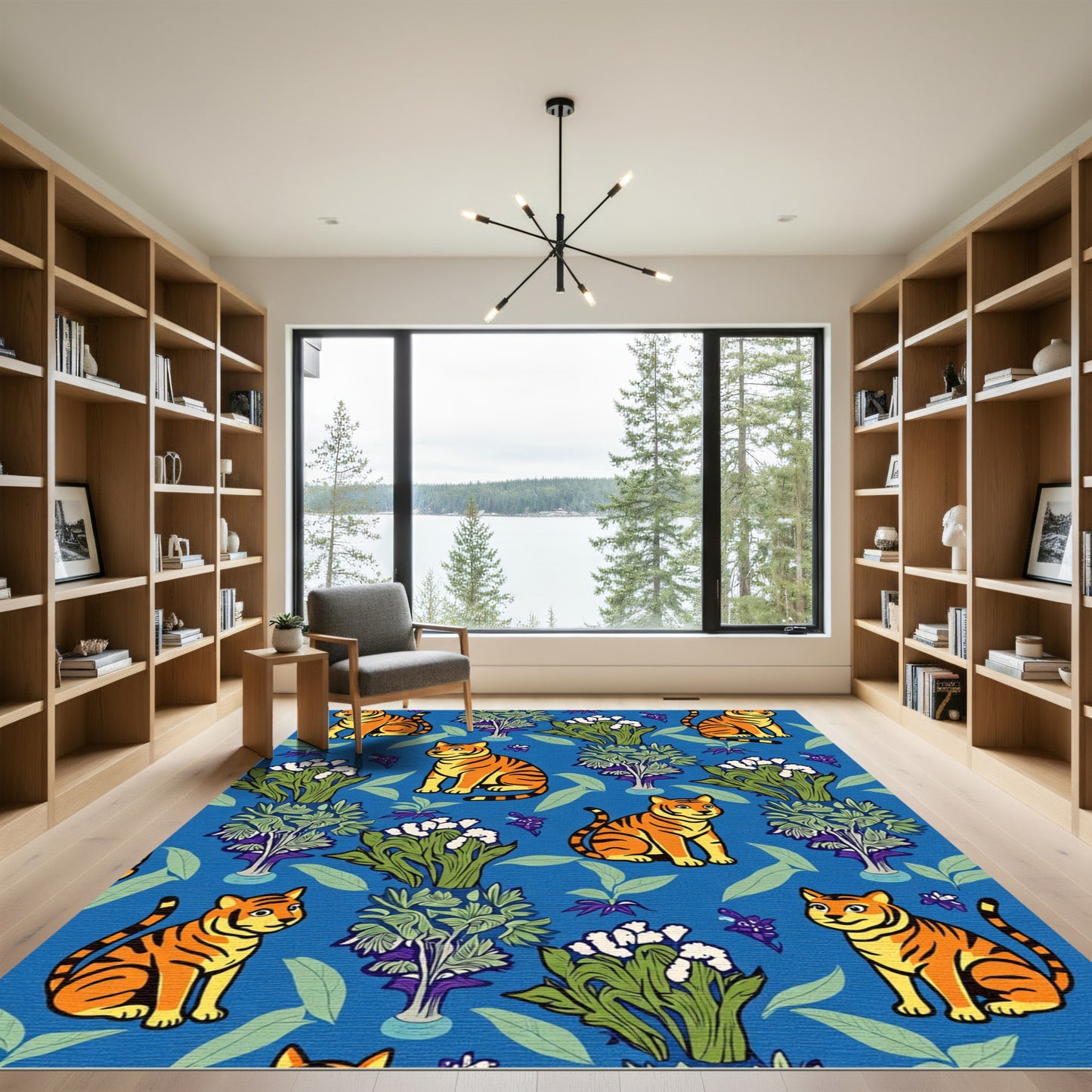 Orange Tiger Botanical Blue Landscape Rug