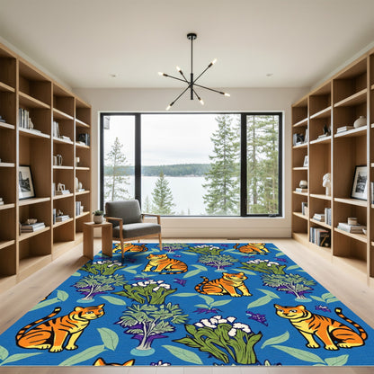 Orange Tiger Botanical Blue Landscape Rug