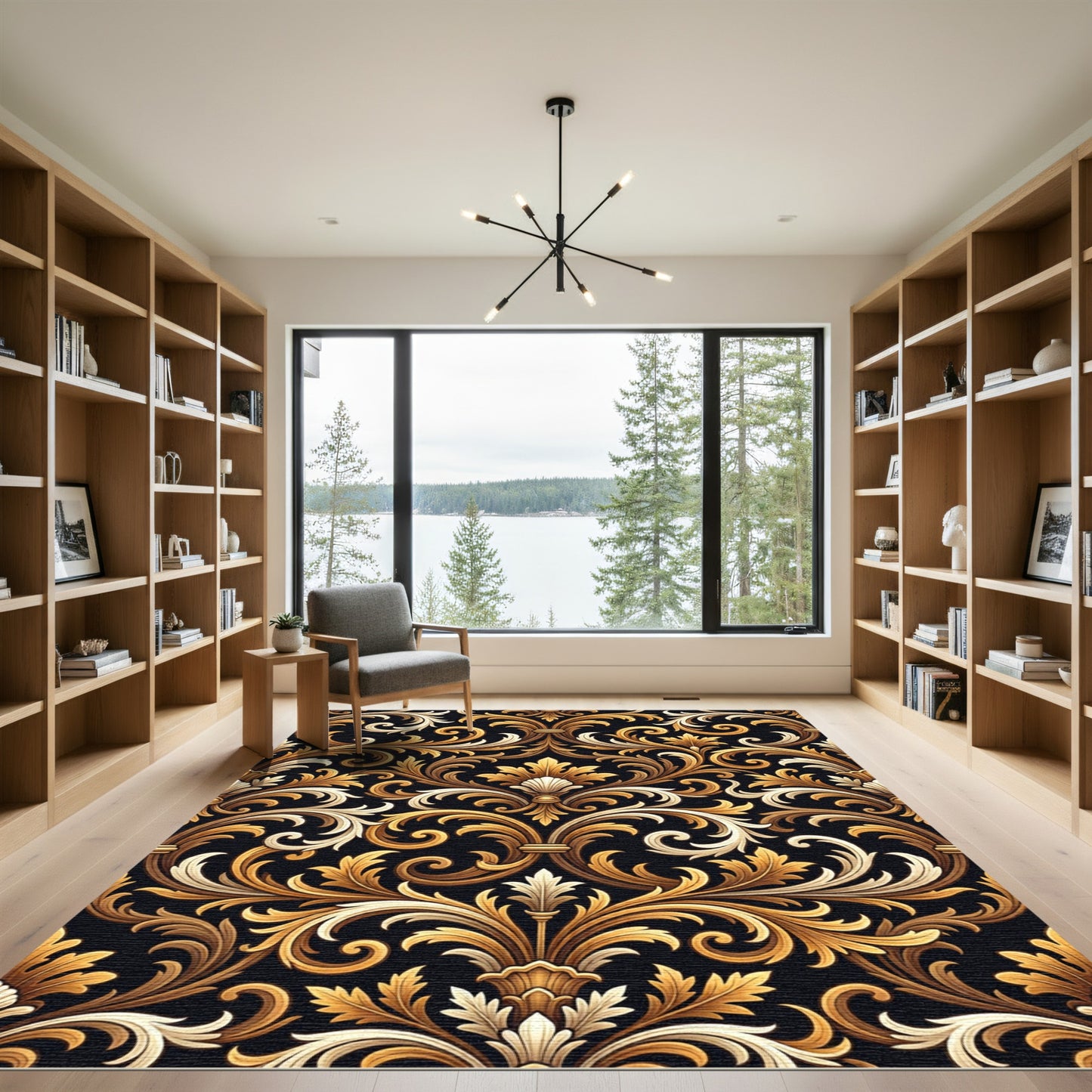 Opulent Gold Scrollwork Black Background Rug