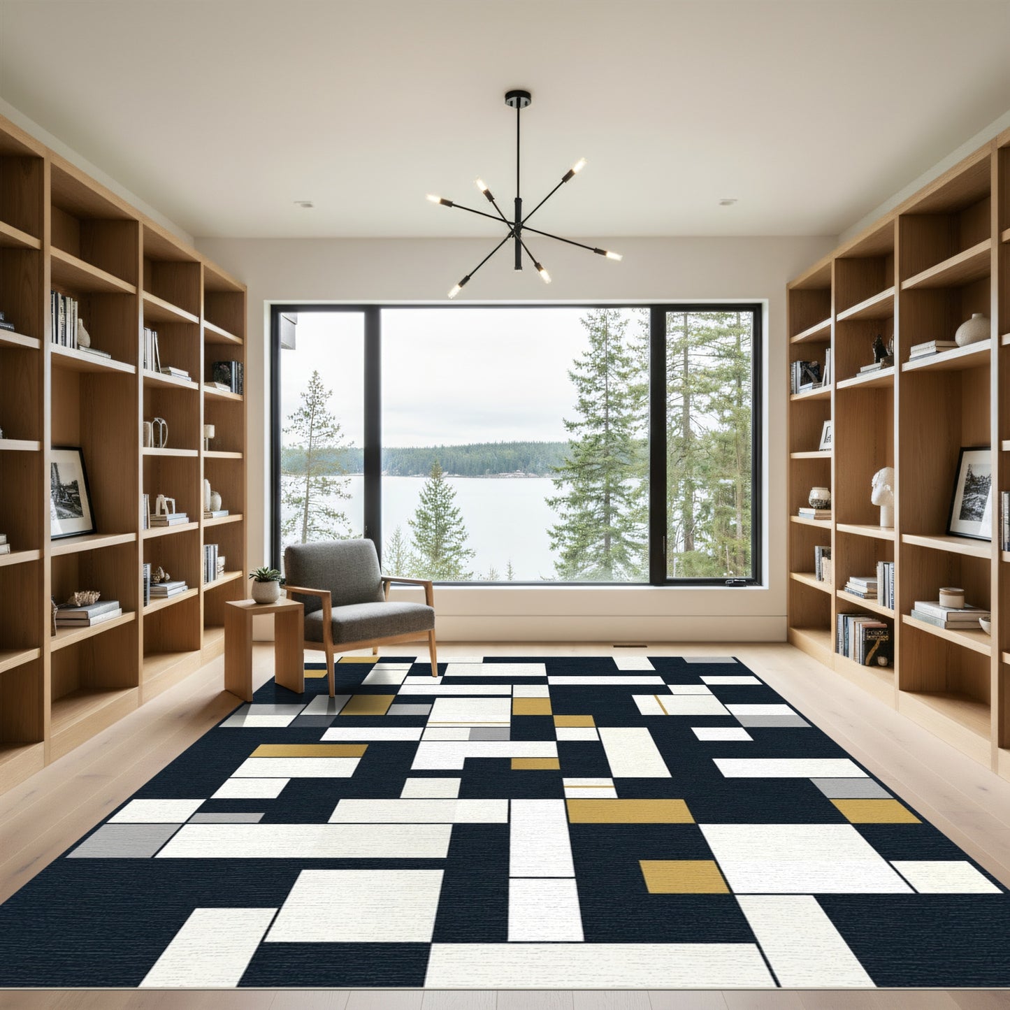 Modern Gold White Geometric Grid Rug