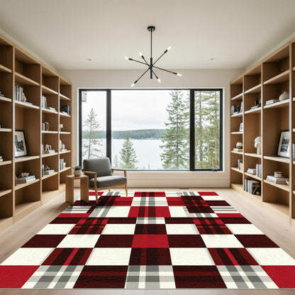 Modern Red White Plaid Geometric Check Rug
