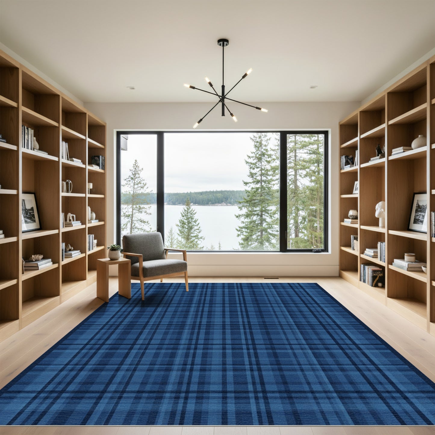 Deep Blue Plaid Grid Rug