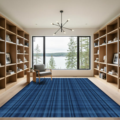 Deep Blue Plaid Grid Rug