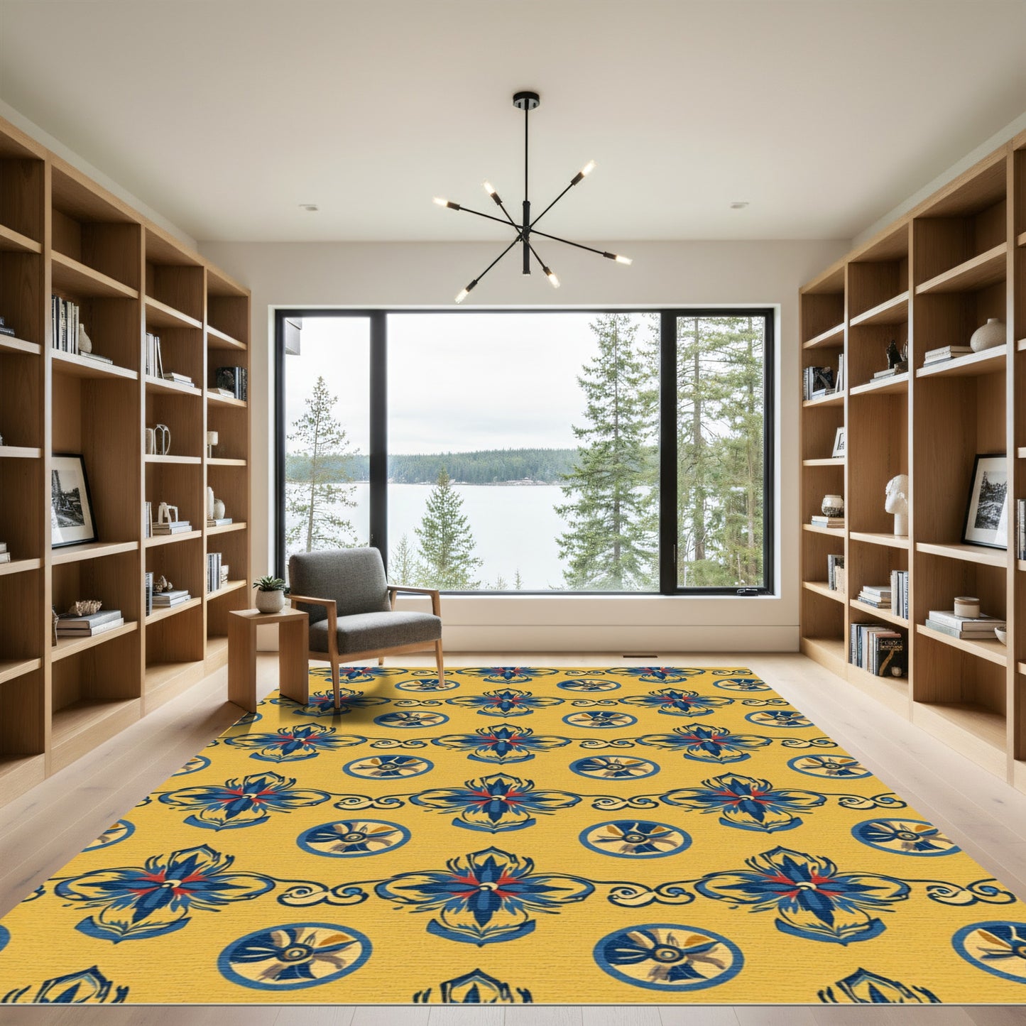 Golden Blue Floral Medallion Row Rug