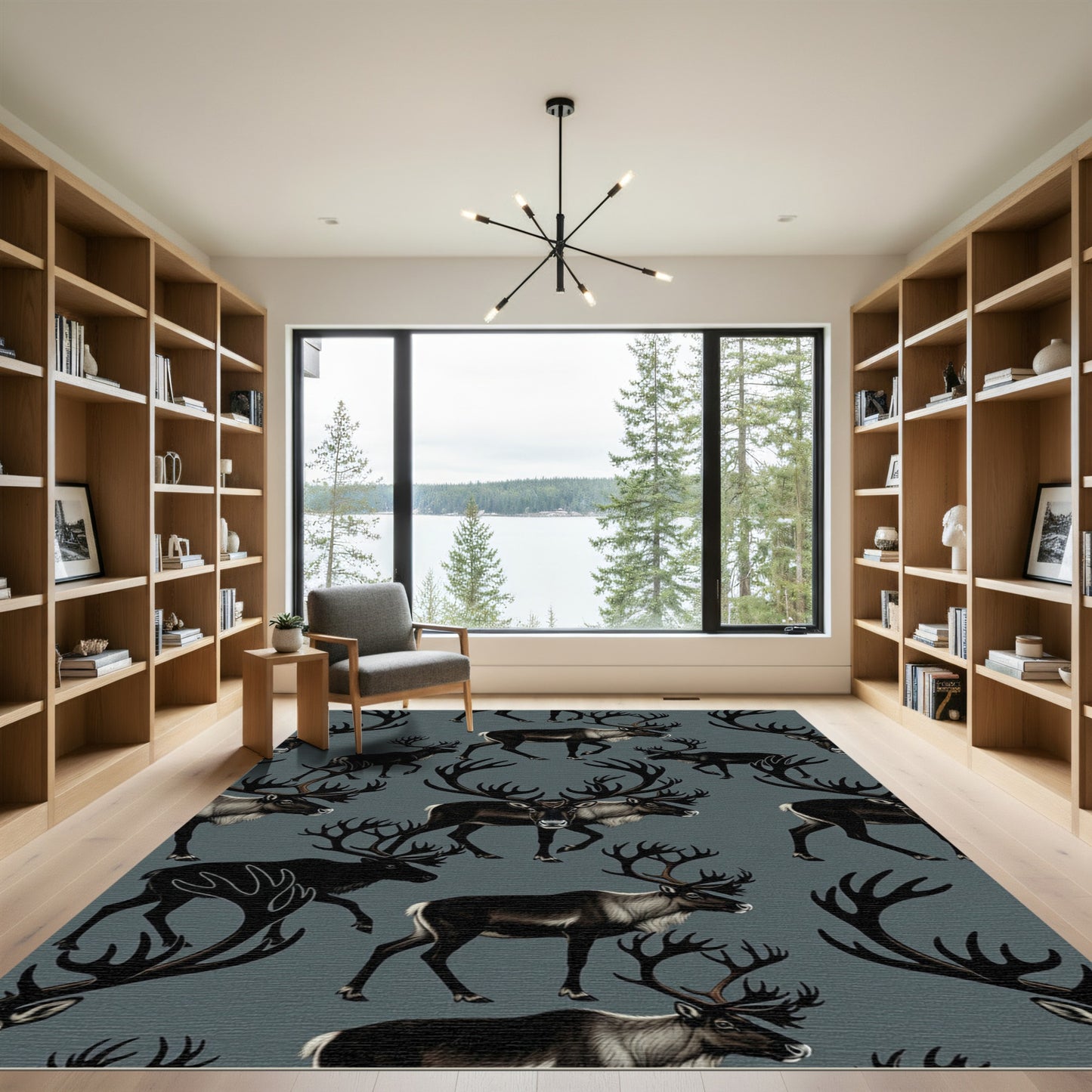 Dark Gray Reindeer Silhouette Woodland Rug