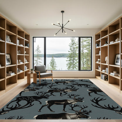 Dark Gray Reindeer Silhouette Woodland Rug