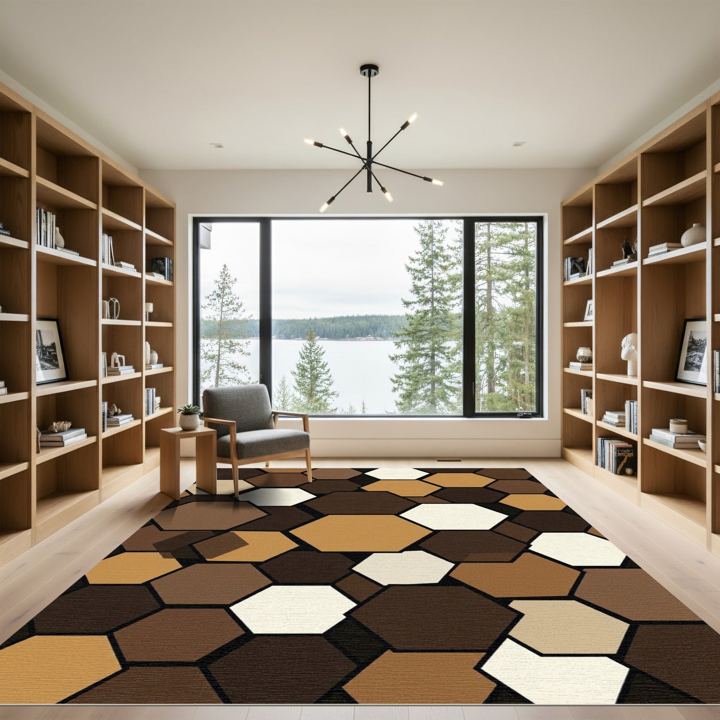 Modern Earthy Brown Geometric Hexagon Rug