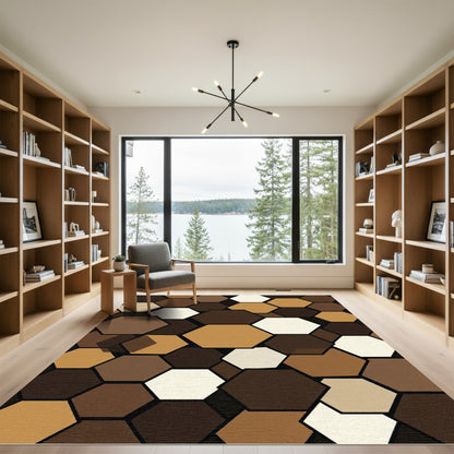 Modern Earthy Brown Geometric Hexagon Rug