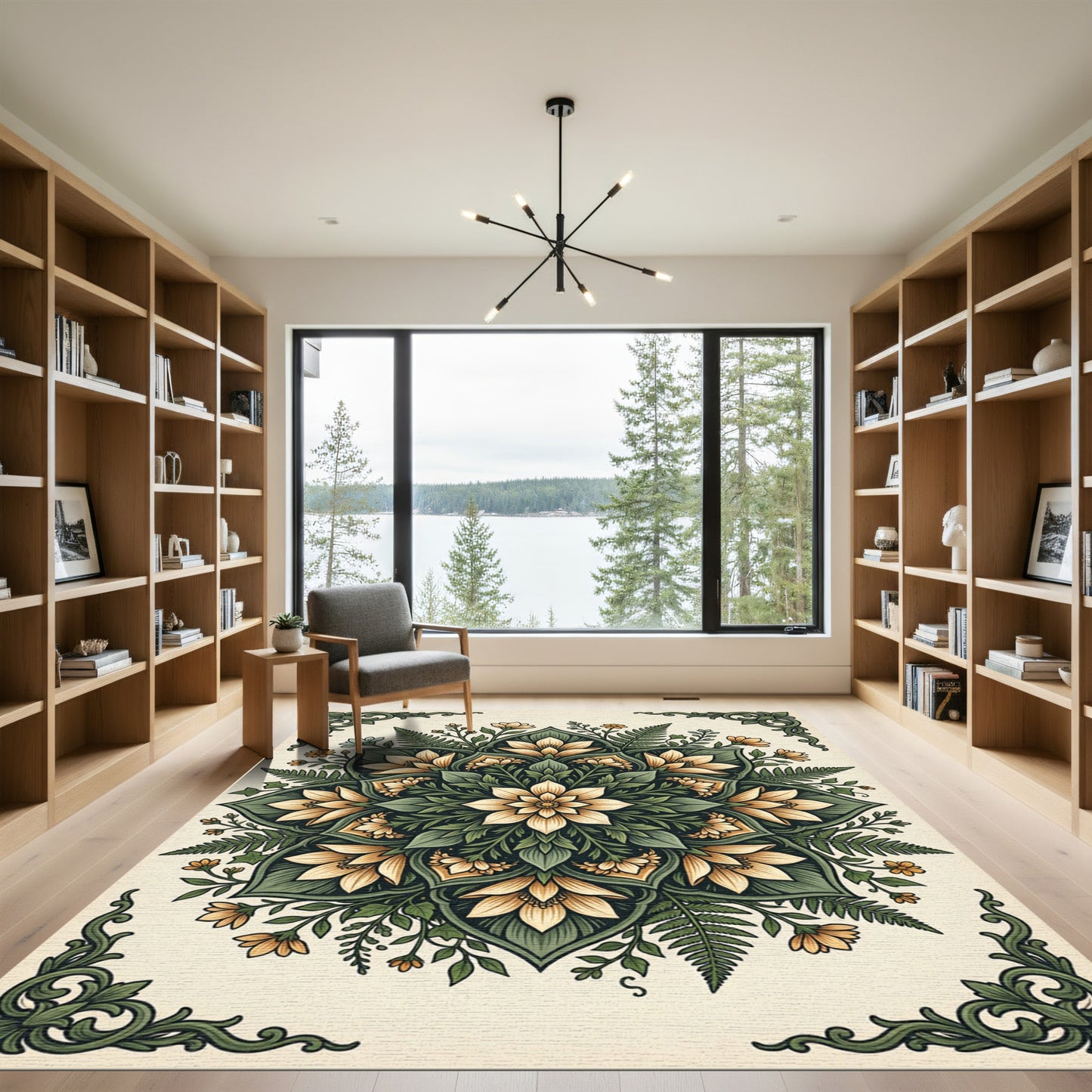 Cream Yellow Floral Fern Mandala Rug
