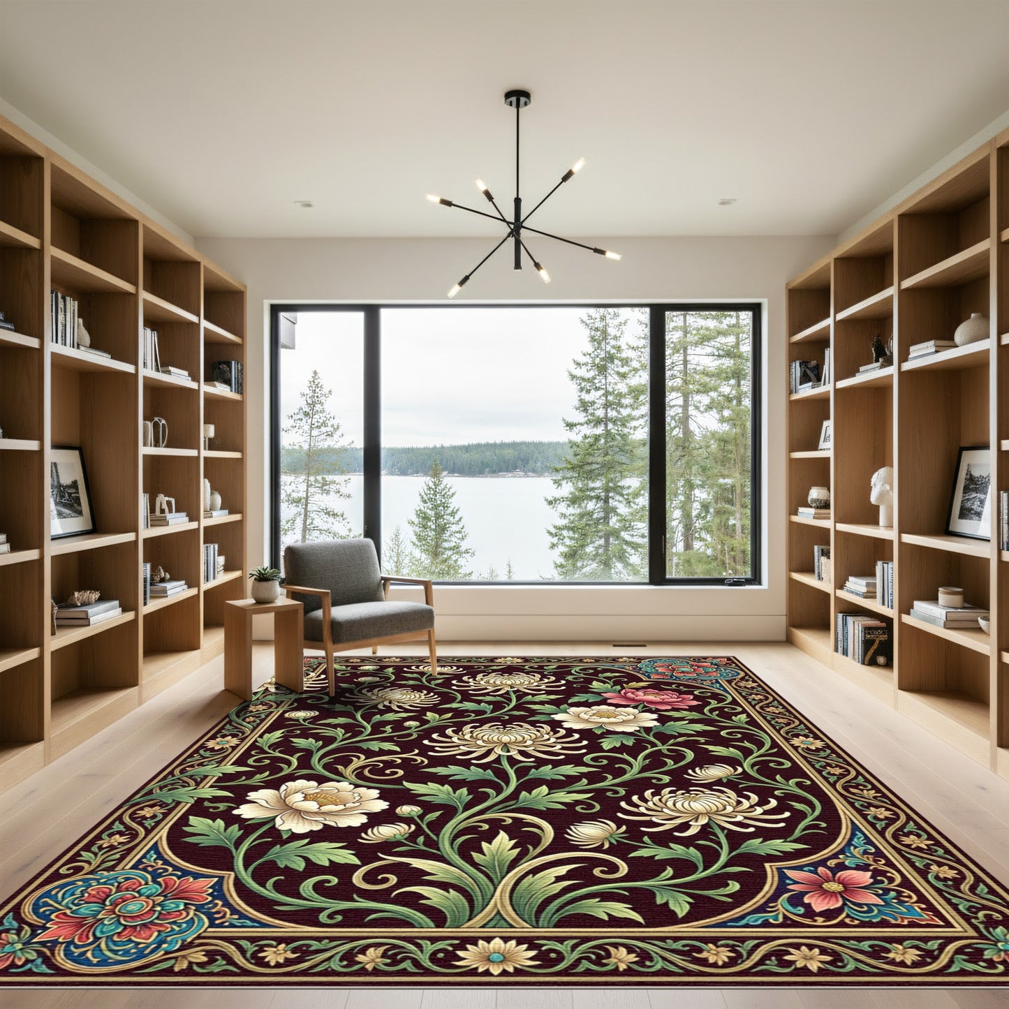 Elegant Chrysanthemum Bloom Cream Dark Burgundy Rug