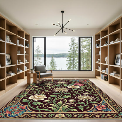 Elegant Chrysanthemum Bloom Cream Dark Burgundy Rug
