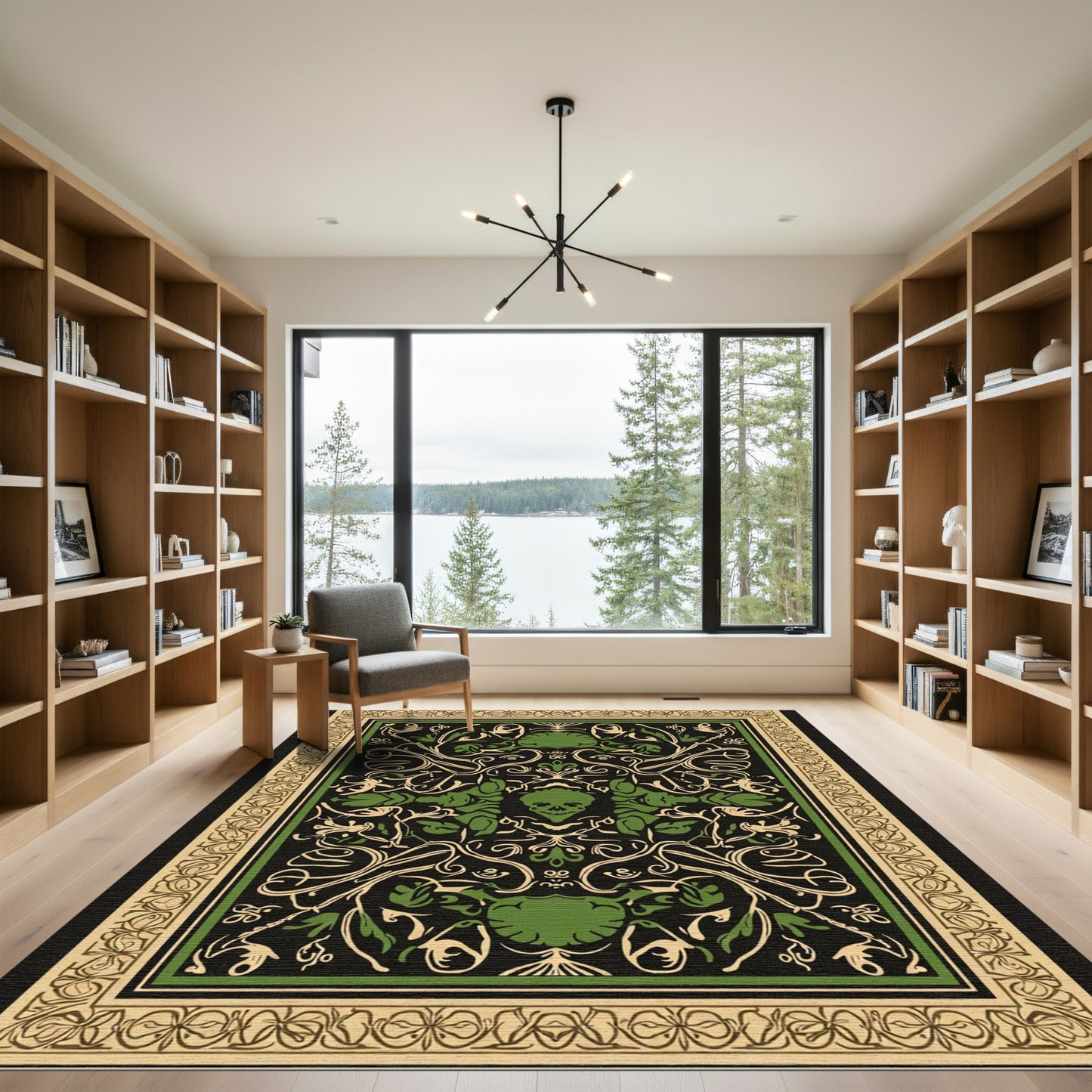 Ominous Black Green Floral Skull Rug