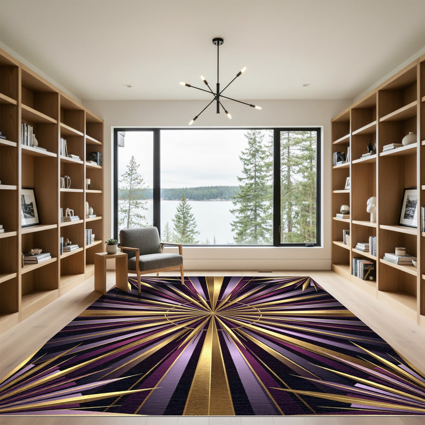 Luxurious Gold and Purple Art Deco Sunburst Rug