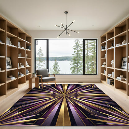 Luxurious Gold and Purple Art Deco Sunburst Rug