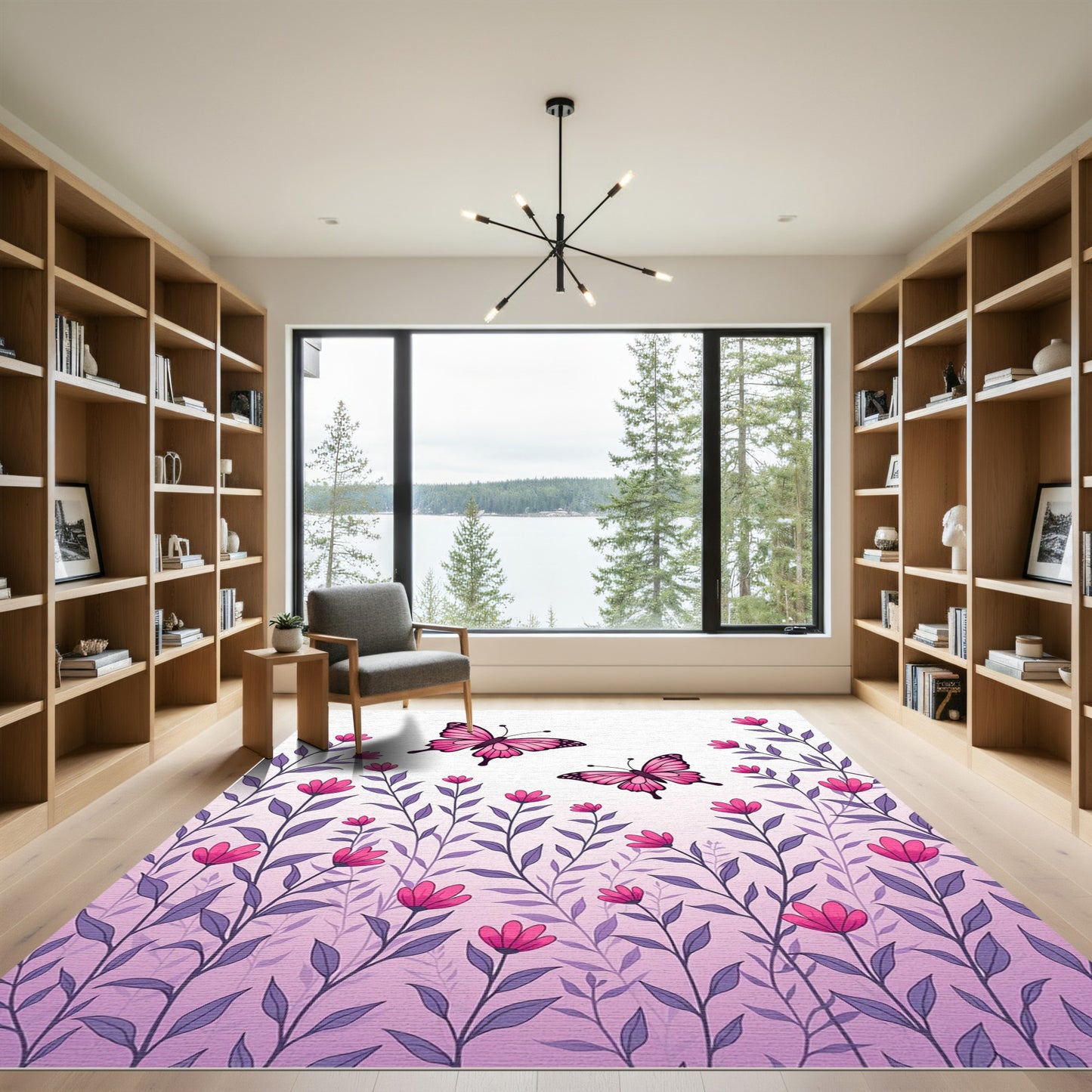 Whimsical Pink Butterfly Floral Garden Rug