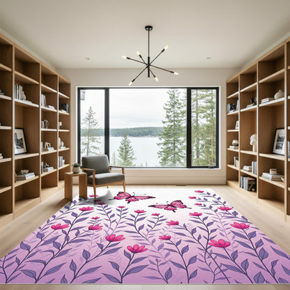 Whimsical Pink Butterfly Floral Garden Rug