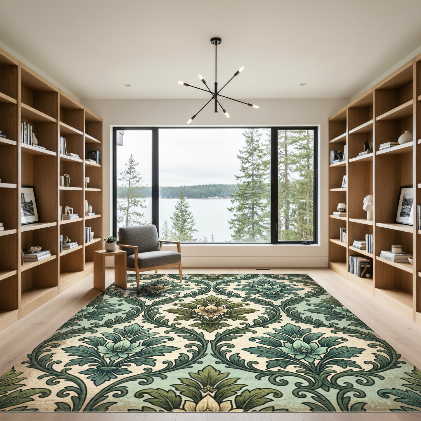 Vintage Green Floral Damask Scroll Rug