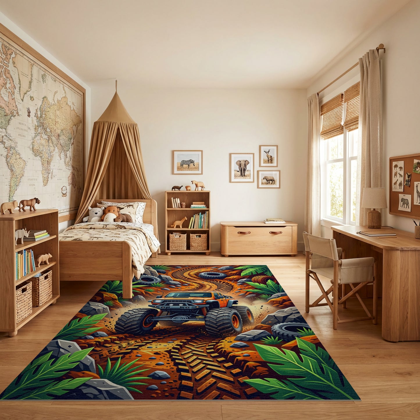 Vibrant Monster Truck Jungle Trail Rug