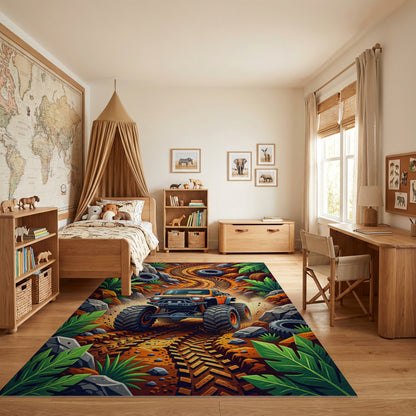 Vibrant Monster Truck Jungle Trail Rug