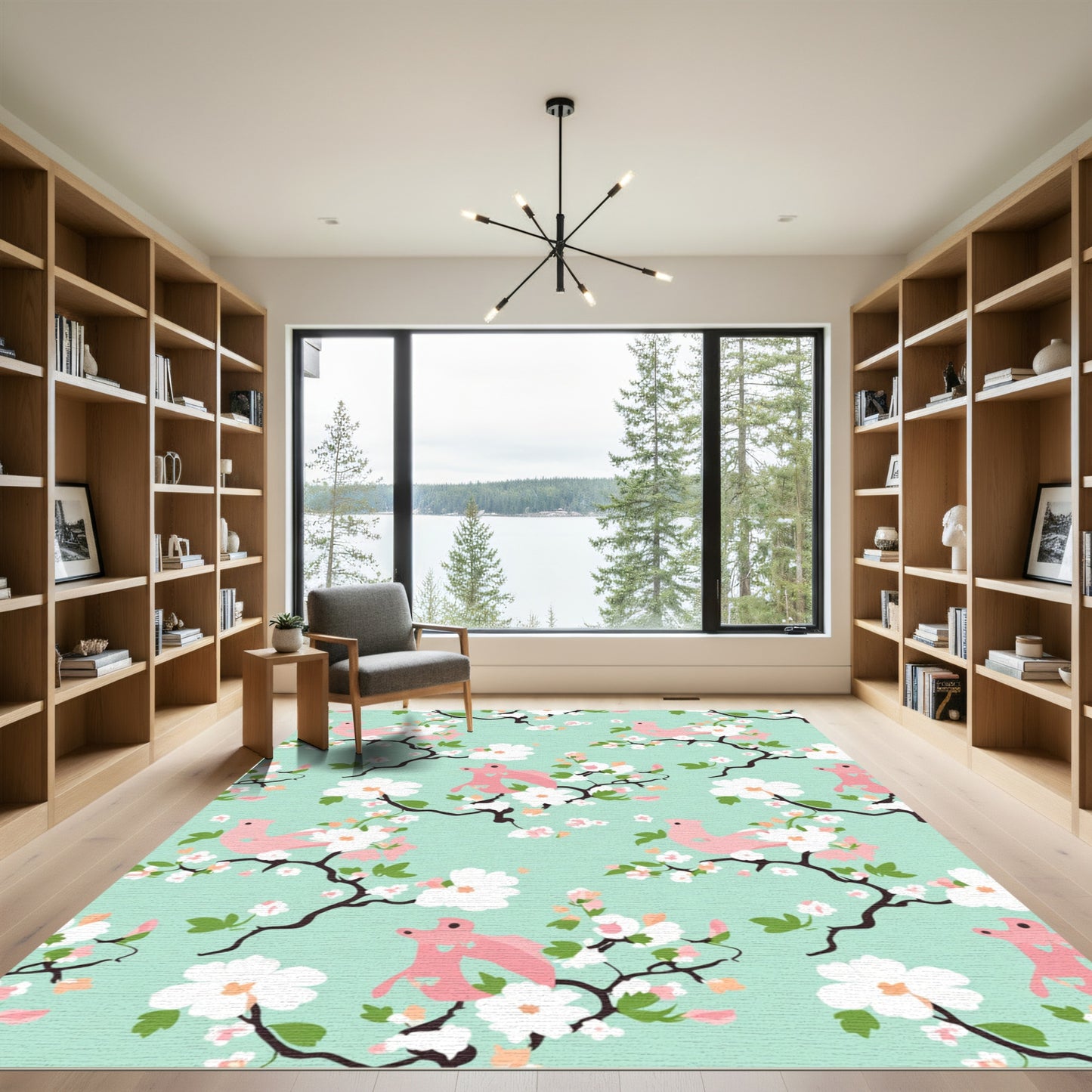 Pink Birds White Cherry Blossom Branch Rug