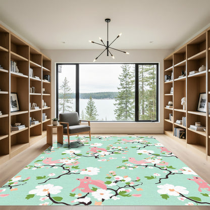 Pink Birds White Cherry Blossom Branch Rug