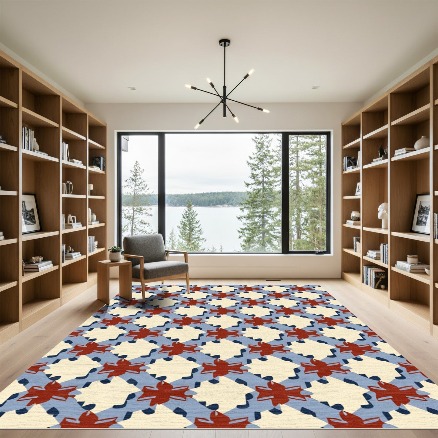 Red Star Intersecting Blue Lattice Rug
