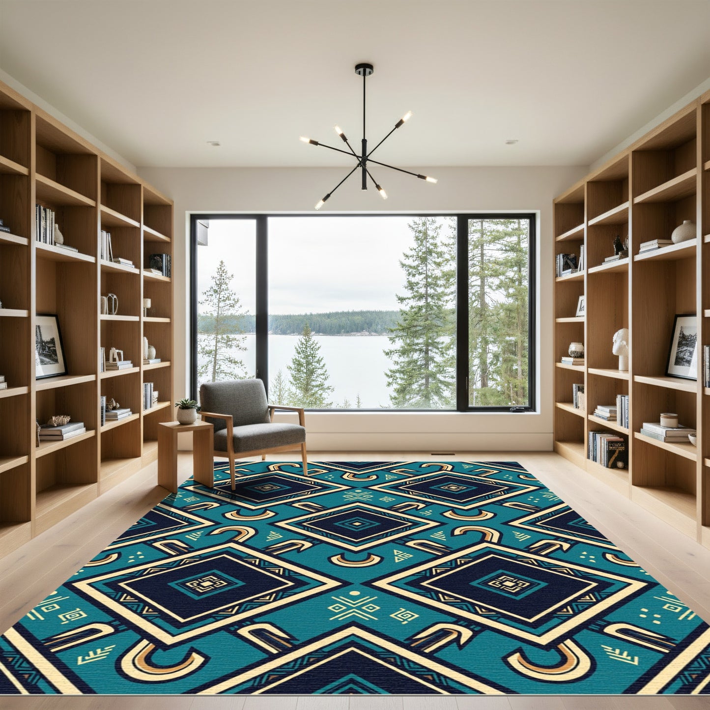 Geometric Teal And Gold Tribal Diamond Rug