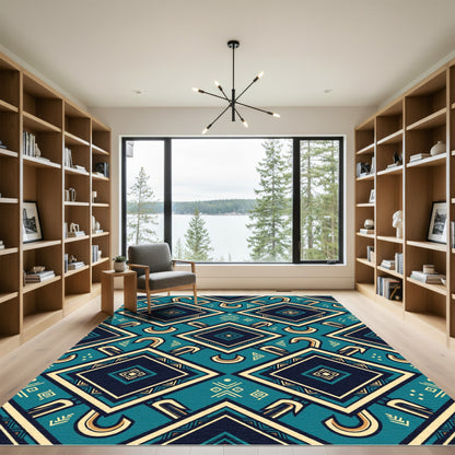 Geometric Teal And Gold Tribal Diamond Rug