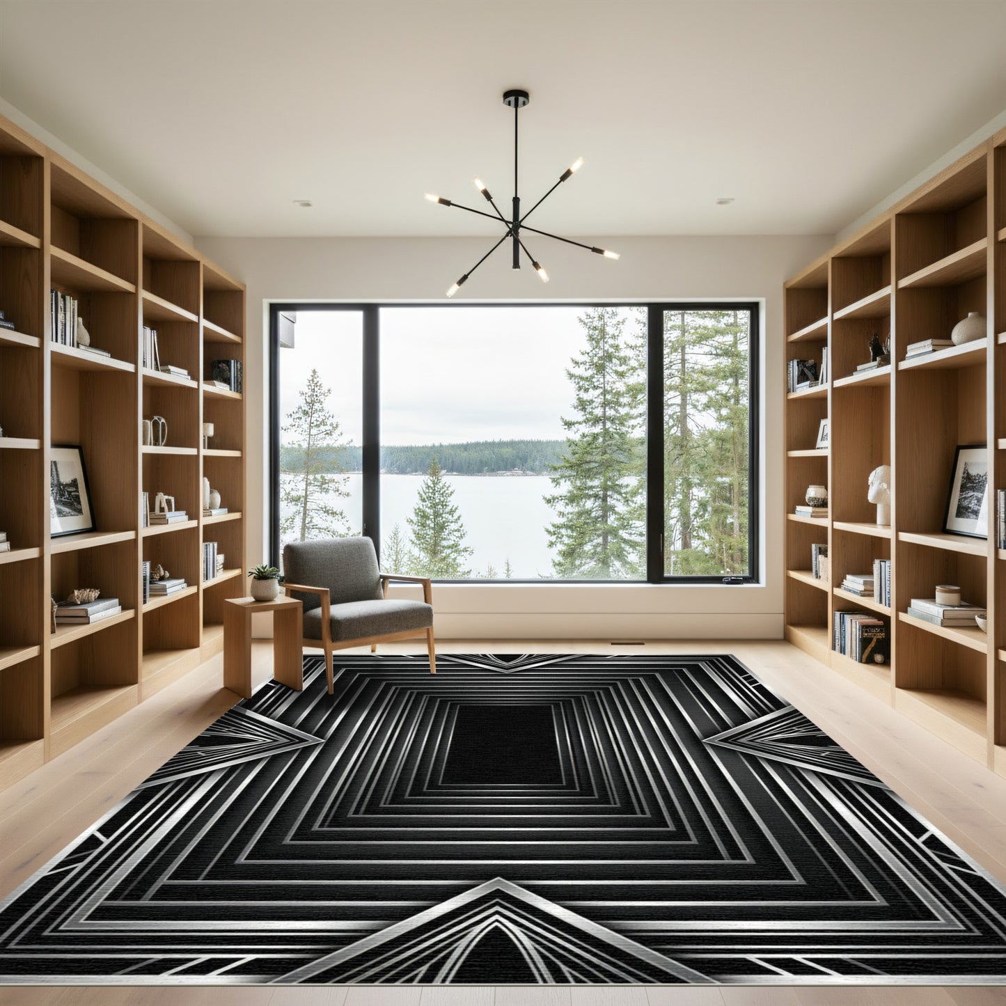 Art Deco Black Silver Geometric Rectangles Rug