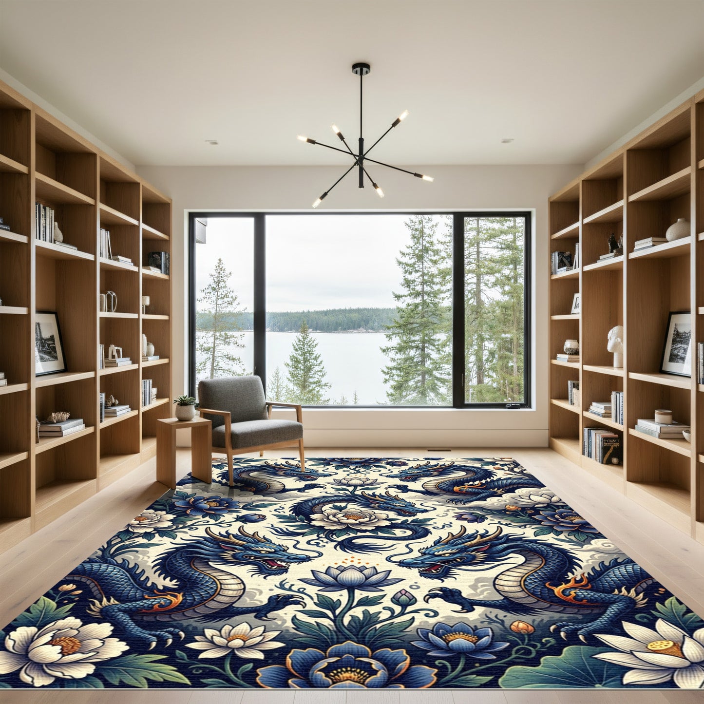 Blue Dragon and Lotus Floral Composition Rug