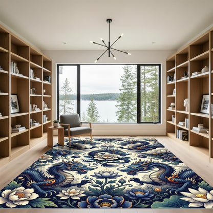 Blue Dragon and Lotus Floral Composition Rug
