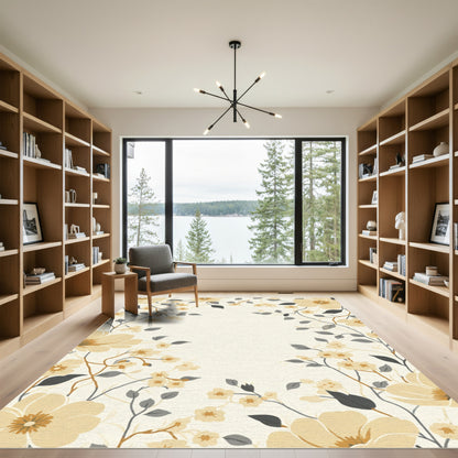 Golden Cream Floral Branch Arrangement Rug