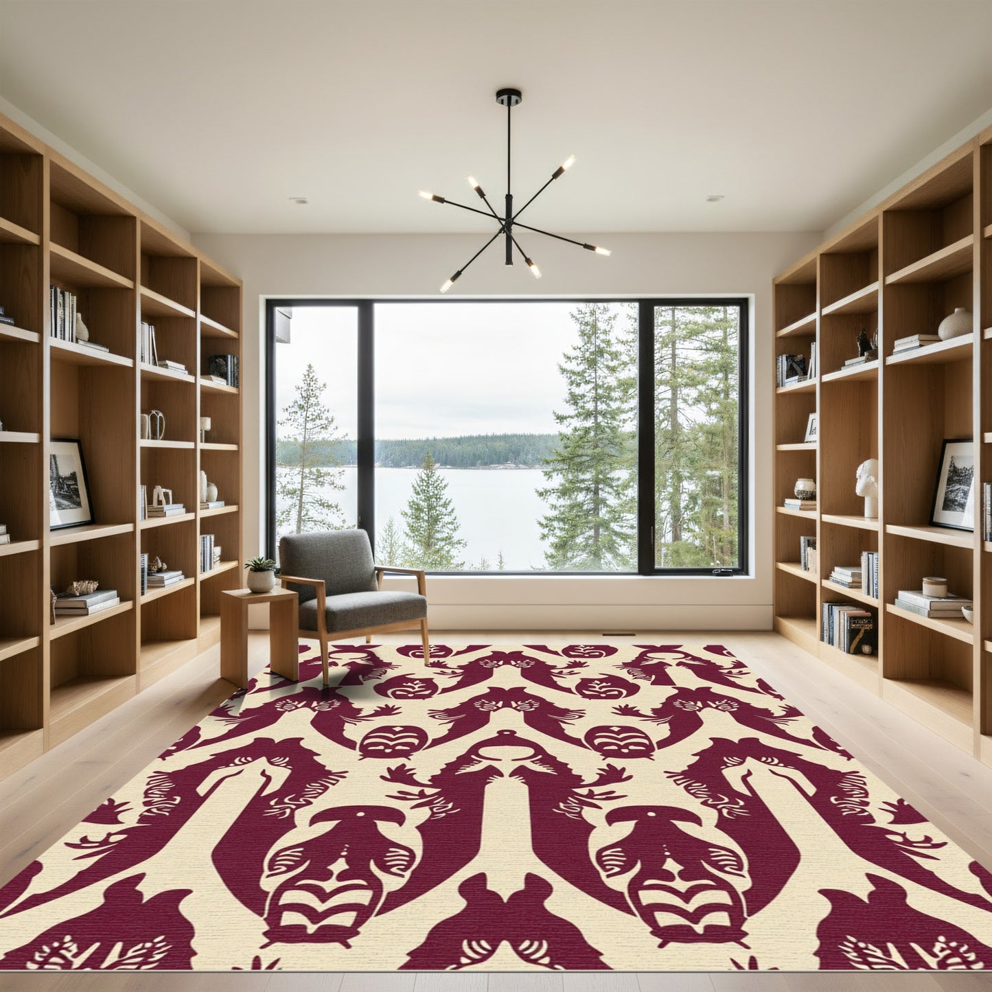 Crimson Stylized Figures Repeating Pattern Rug