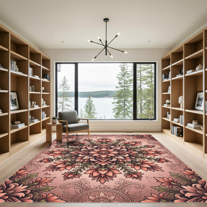 Coral Pink Floral Mandala Medallion Rug
