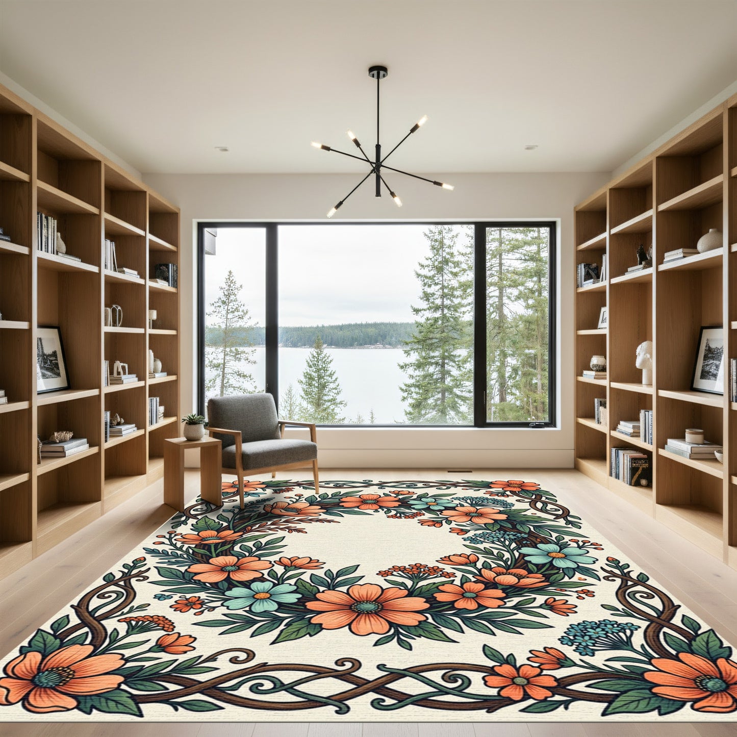 Vibrant Coral Blue Floral Garland Rug