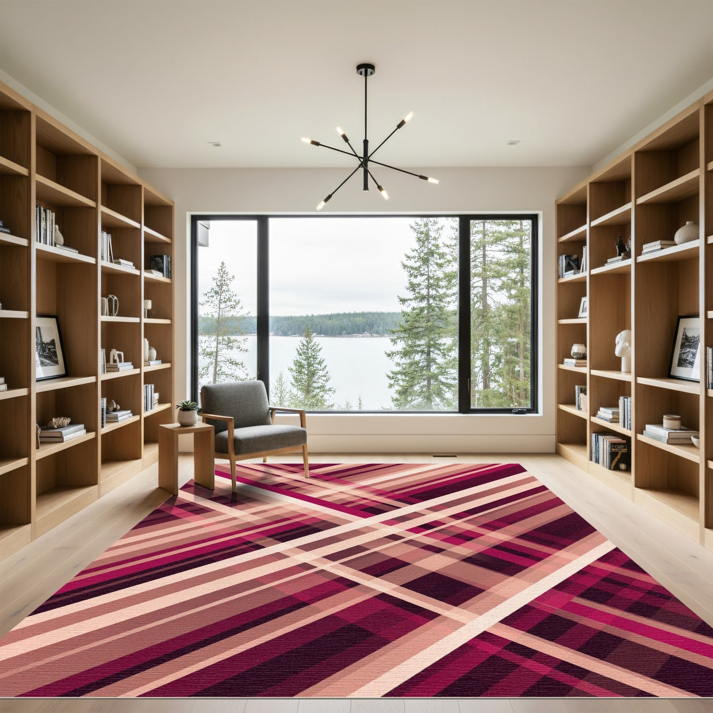 Burgundy and Cream Intersecting Linear Rug