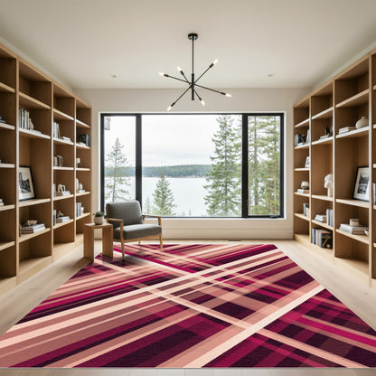 Burgundy and Cream Intersecting Linear Rug