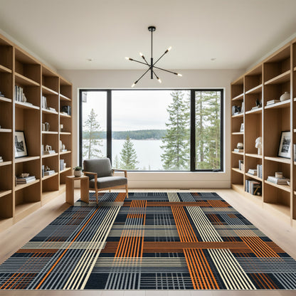 Modern Minimalist Burnt Orange Plaid Grid Rug