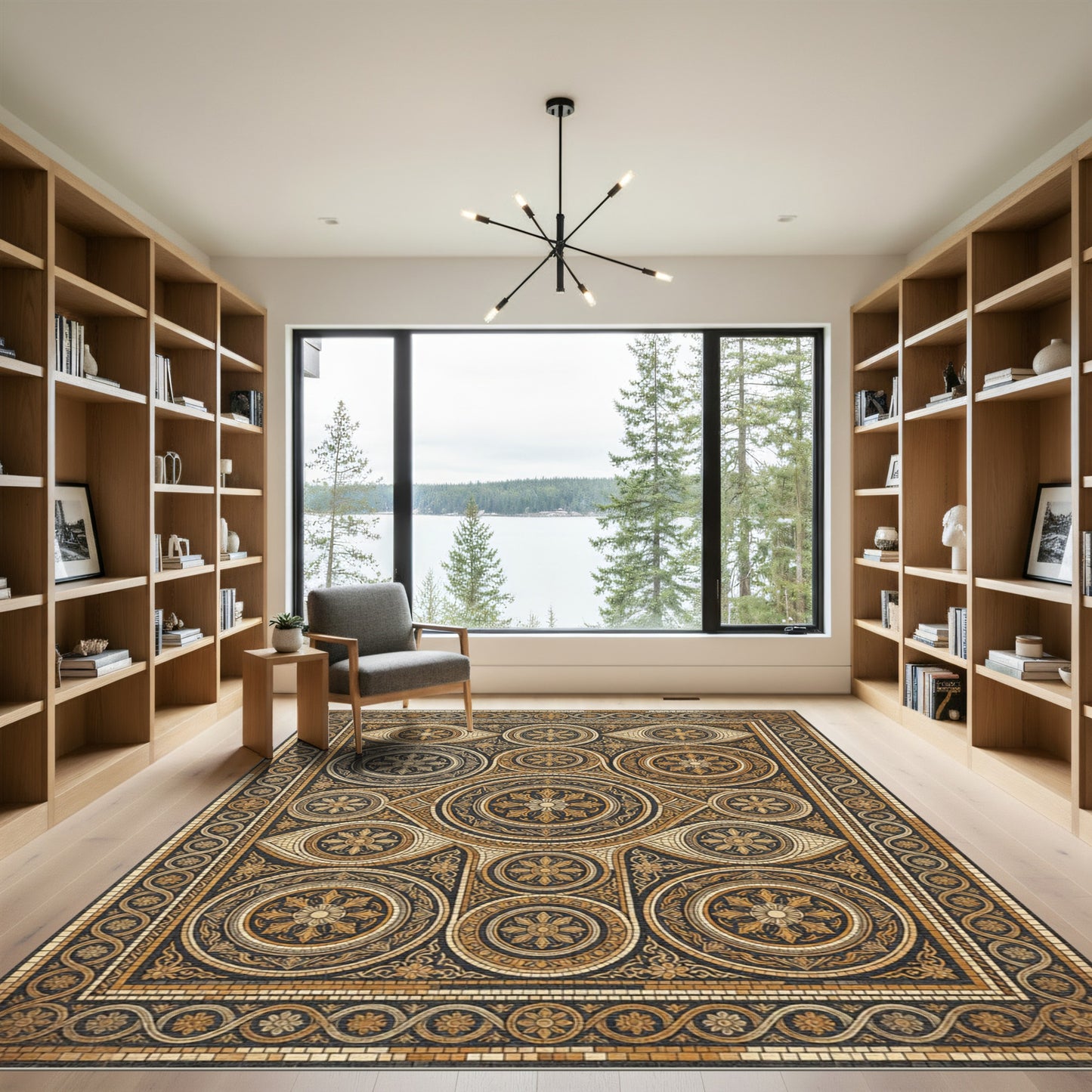 Intricate Gold Black Circular Bloom Arrangement Rug